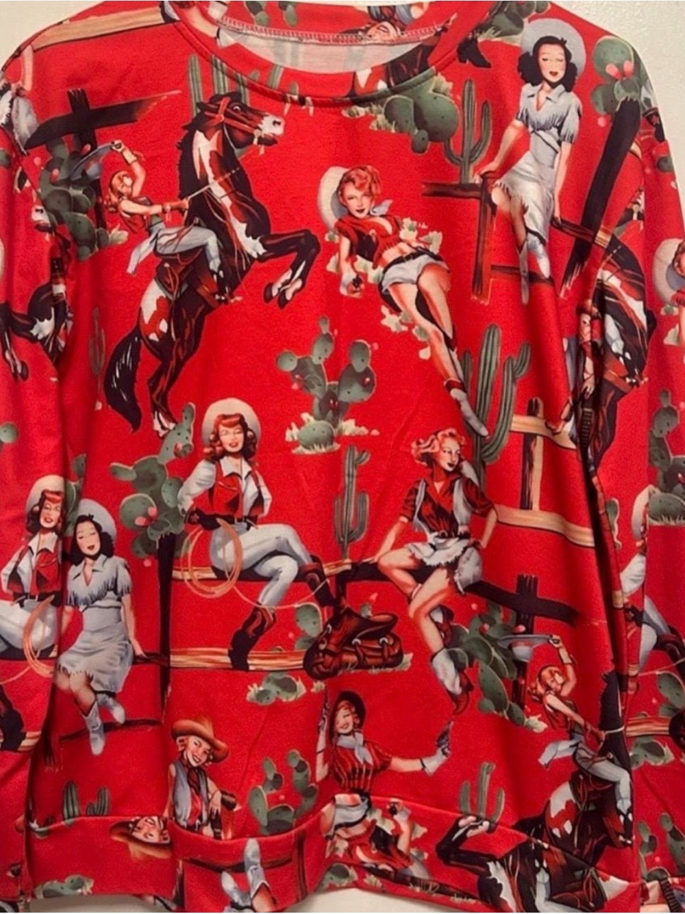 Red Western Pinup Print Long Sleeve Top
